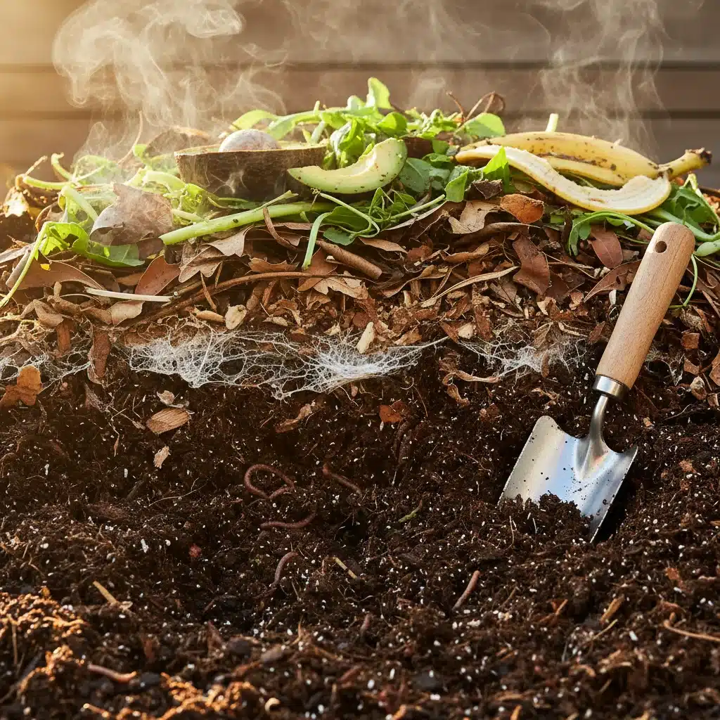 Active compost pile with visible decomposition and steam, ready for use