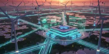 Futuristic clean energy storage facility connecting renewable sources to a smart grid