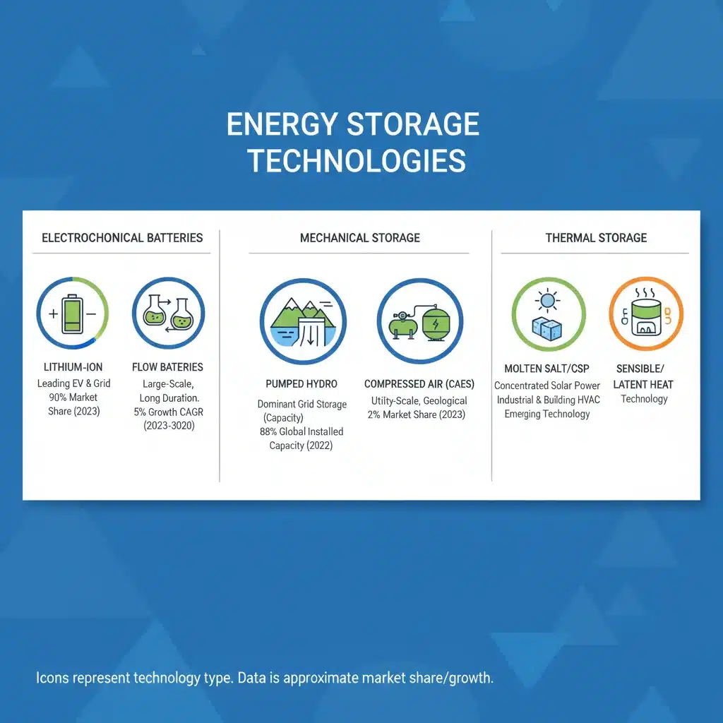 Infographic of diverse energy storage technologies and their market applications