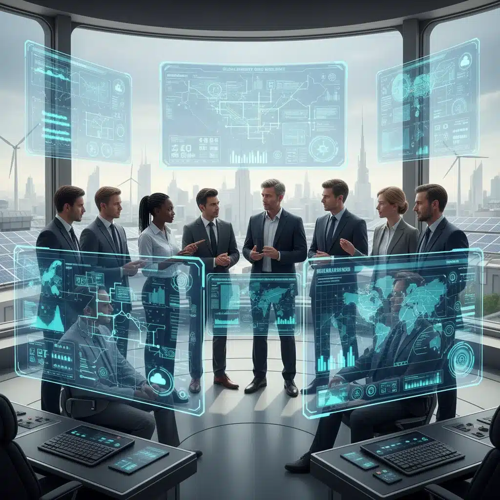 Engineers and policymakers analyzing grid data for renewable integration