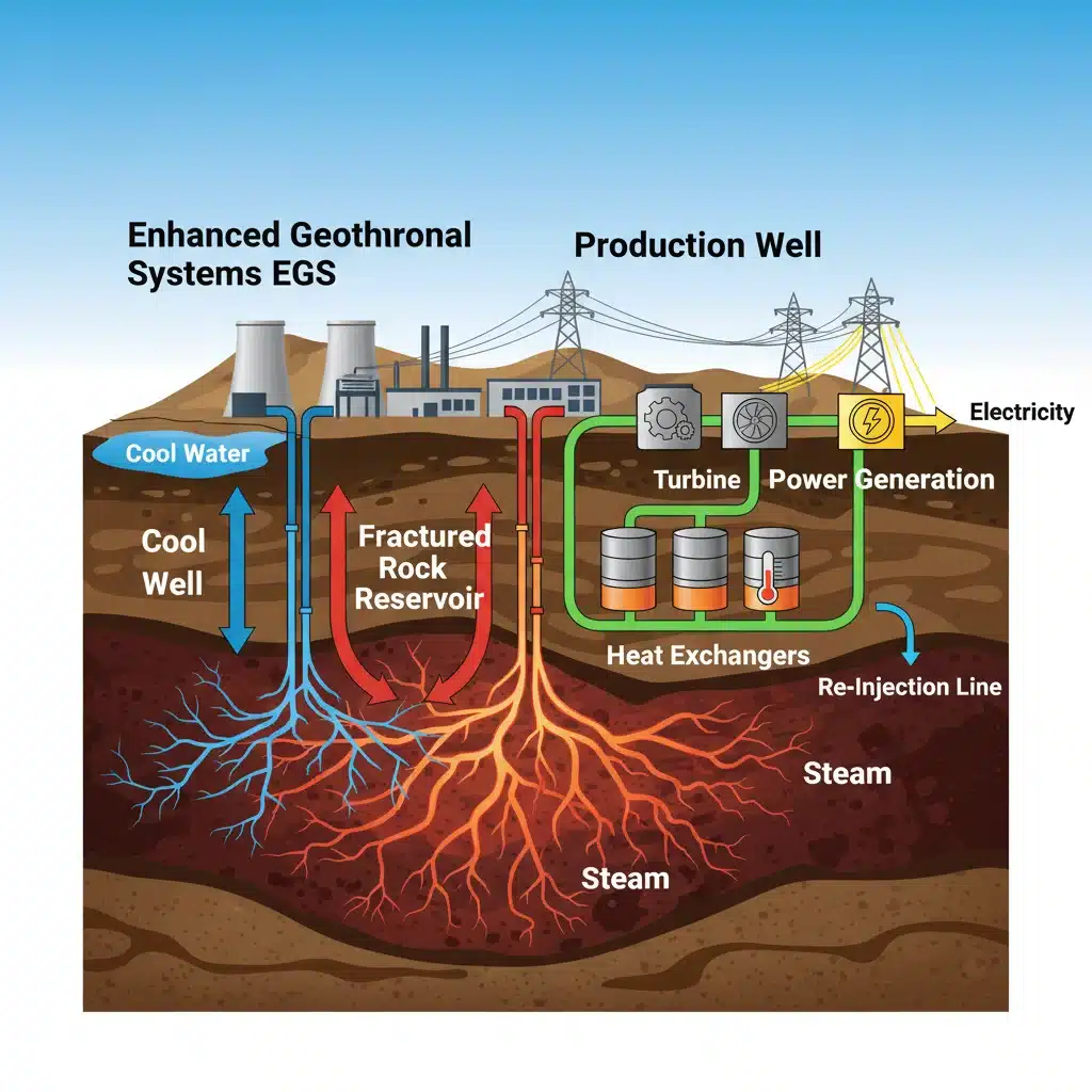 Detailed diagram of an Enhanced Geothermal Systems (EGS) operation, showing underground heat extraction.