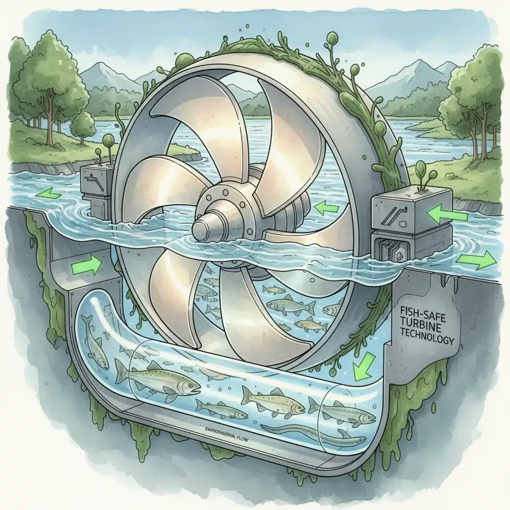Illustration of an environmentally friendly fish-friendly hydropower turbine design.