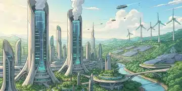 Futuristic geothermal power plant with city and green landscape, symbolizing clean energy innovation.