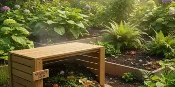 Lush garden with compost bin, showing successful kitchen waste composting
