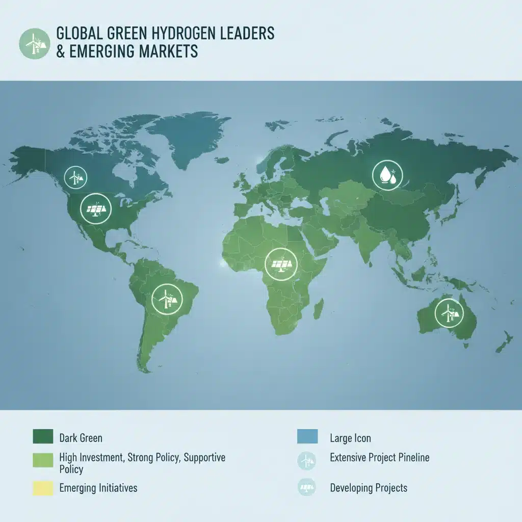 Global map showing leading regions for green hydrogen development and investment.