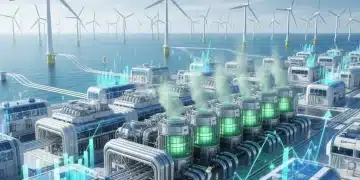 Industrial facility producing green hydrogen with renewable energy, symbolizing sustainable investment opportunities.