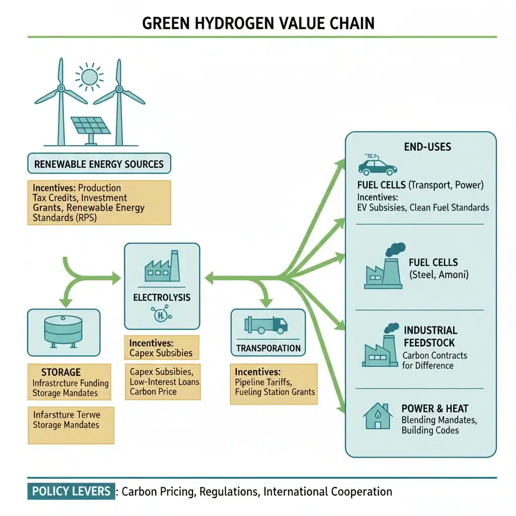 Infographic illustrating the green hydrogen value chain and financial incentives.