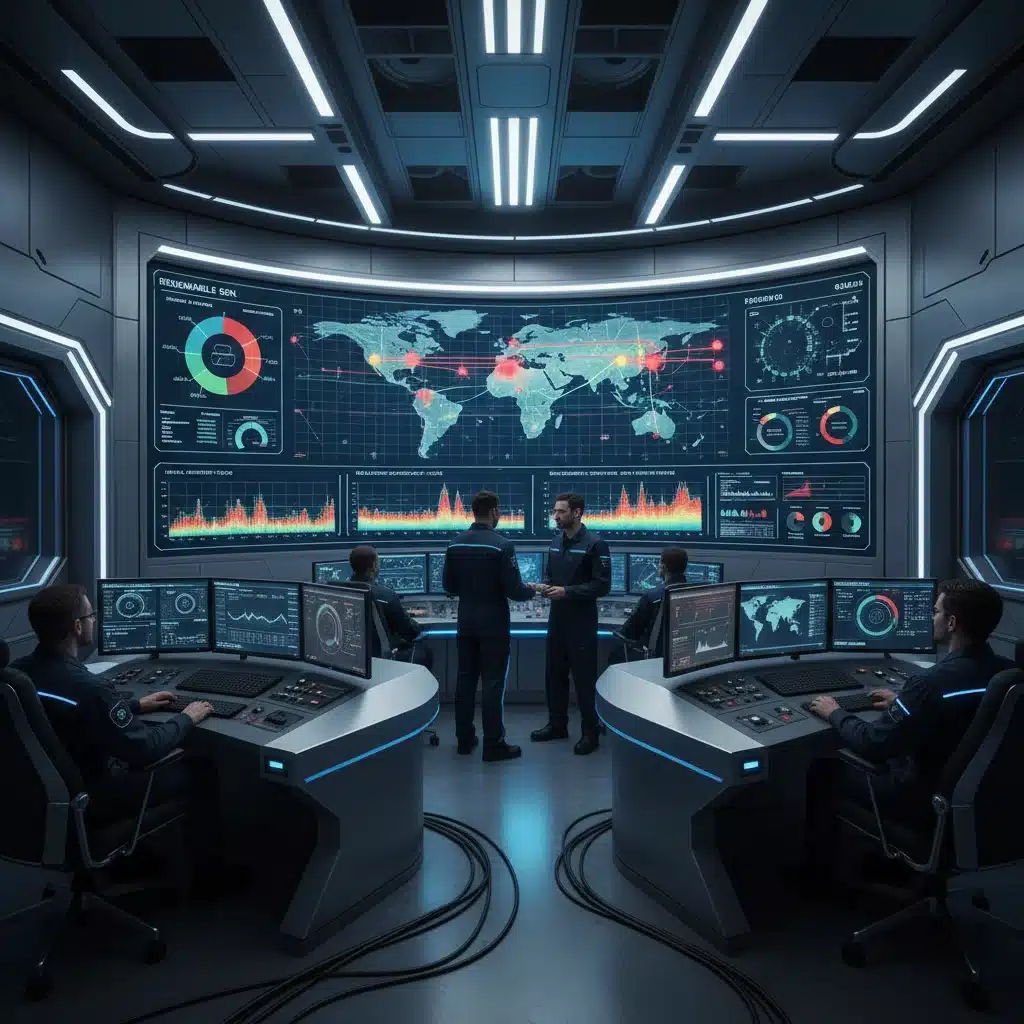 Control room engineers monitoring real-time energy distribution on a large digital display.