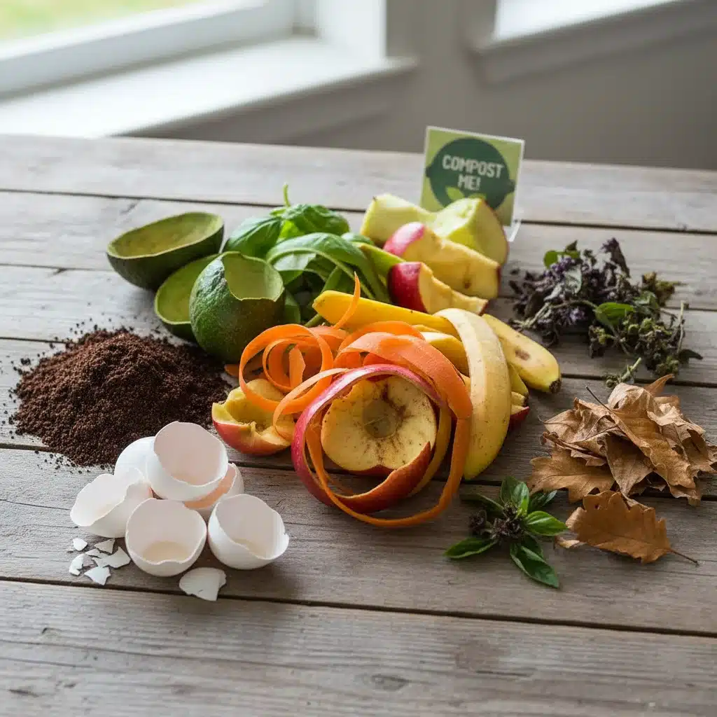 Assortment of common kitchen waste materials suitable for composting