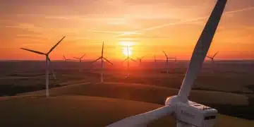 Modern wind turbines with advanced blades at sunset, symbolizing renewable energy progress.