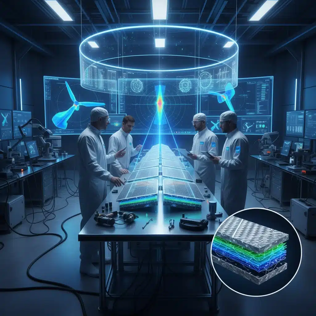 Engineers analyzing advanced composite wind turbine blade prototype in laboratory.