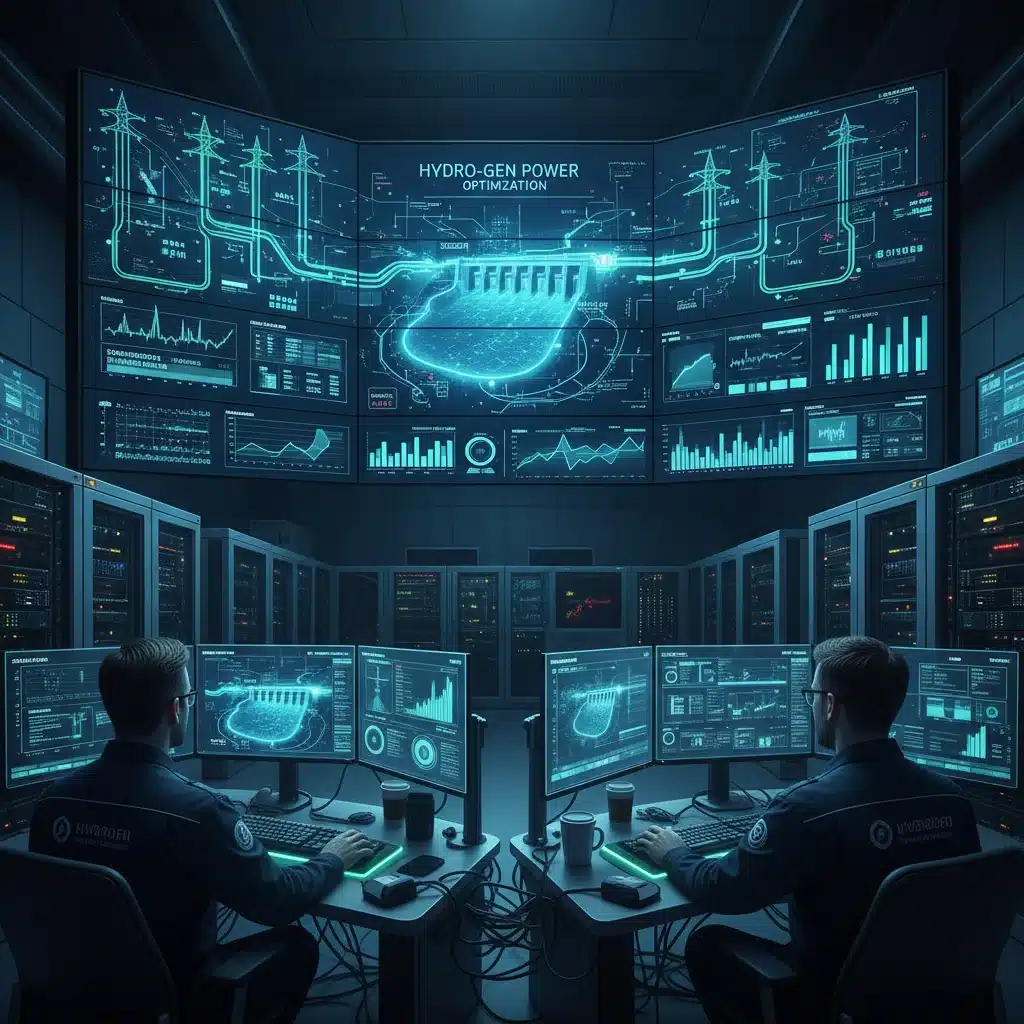 Smart grid control room monitoring real-time hydropower data and optimizing performance.