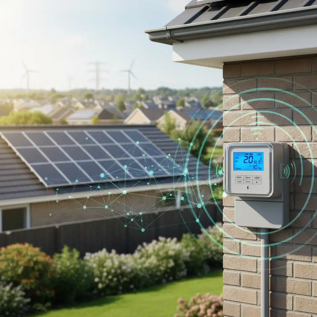 Smart meter on a residential building, demonstrating data collection for grid modernization.