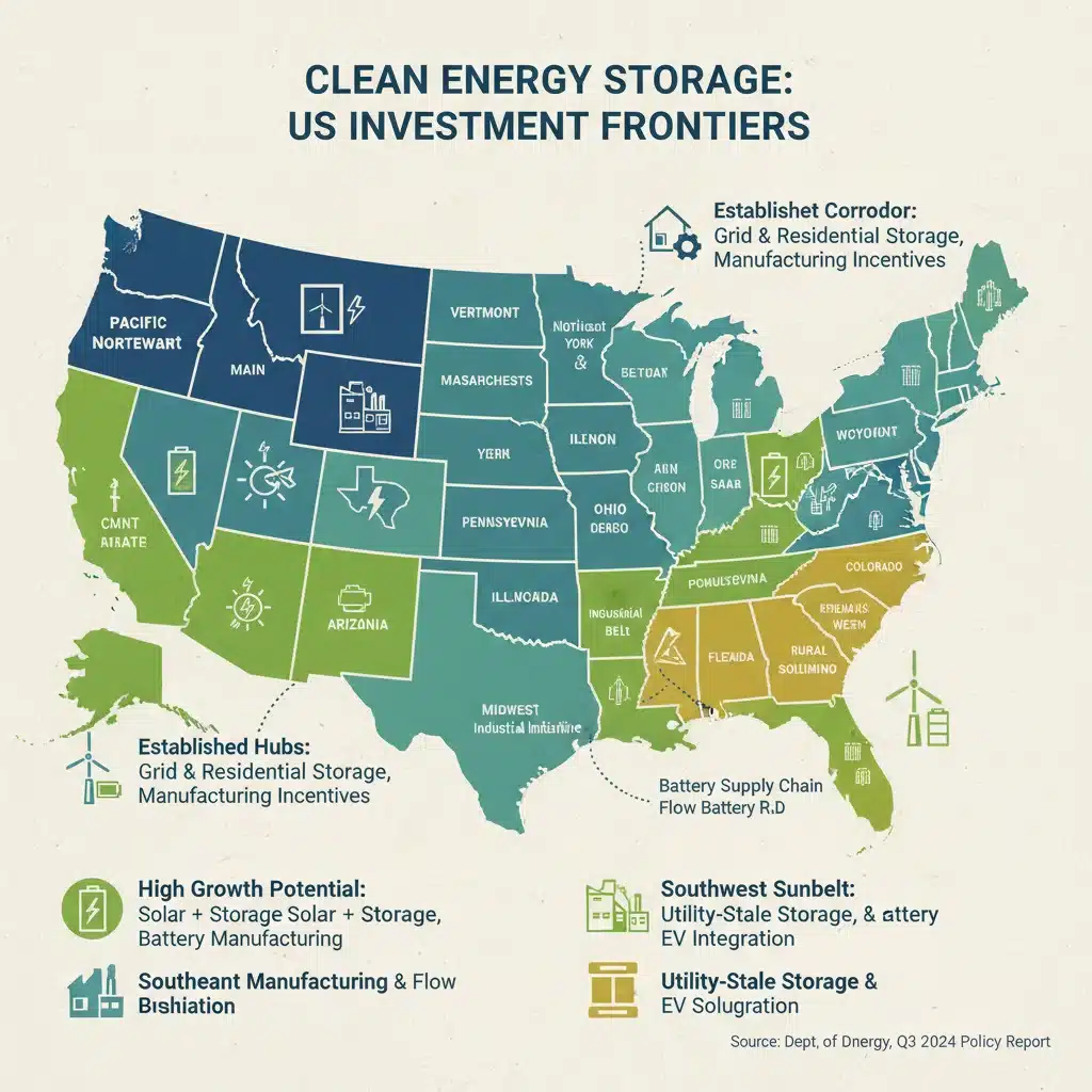US map showing regional investment opportunities in clean energy storage
